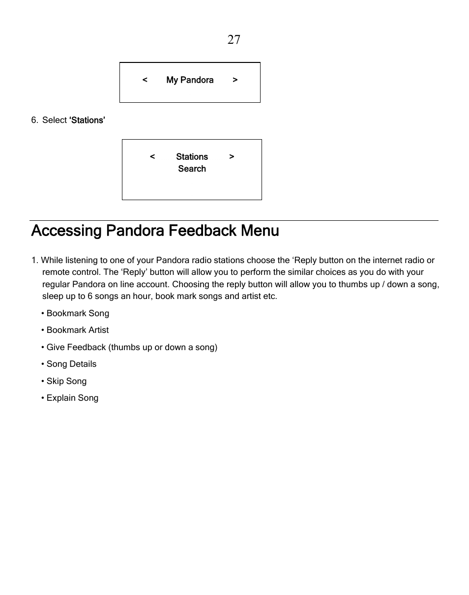 Accessing pandora feedback menu | Grace Digital GDI-IRN1941 Victoria User Manual | Page 27 / 34