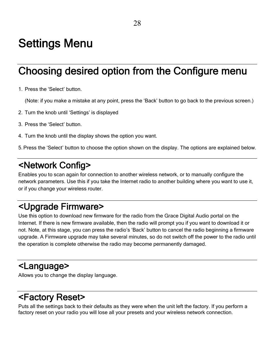 Settings menu, Choosing desired option from the configure menu, Network config | Upgrade firmware, Language, Factory reset | Grace Digital GDI-IRN1941 Victoria User Manual | Page 28 / 34