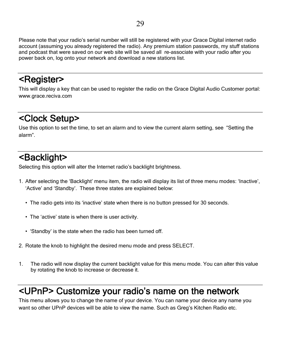 Register, Clock setup, Backlight | Upnp> customize your radio’s name on the network | Grace Digital GDI-IRN1941 Victoria User Manual | Page 29 / 34