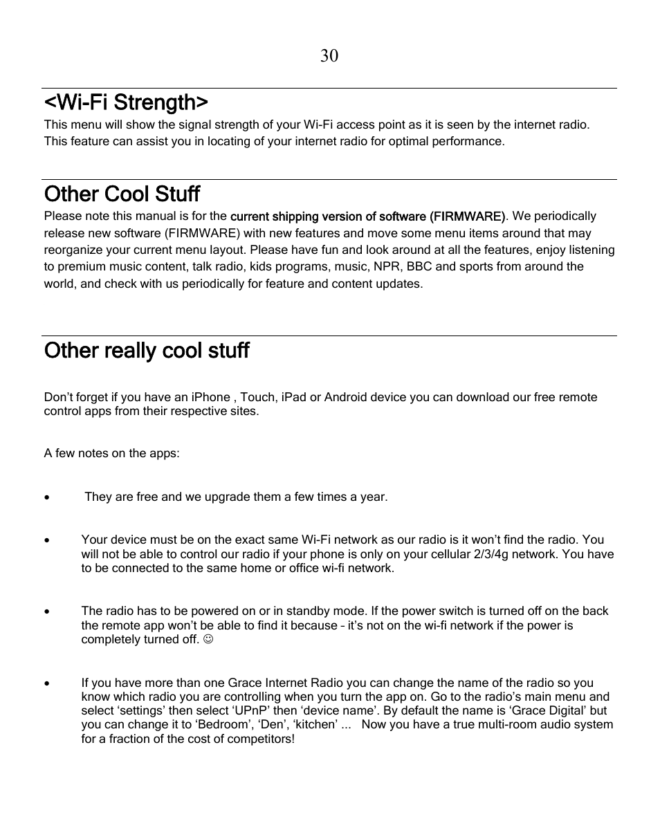 Wi-fi strength, Other cool stuff, Other really cool stuff | Grace Digital GDI-IRN1941 Victoria User Manual | Page 30 / 34