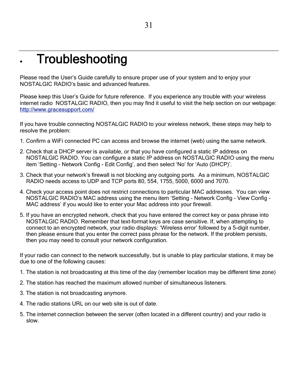 Troubleshooting | Grace Digital GDI-IRN1941 Victoria User Manual | Page 31 / 34