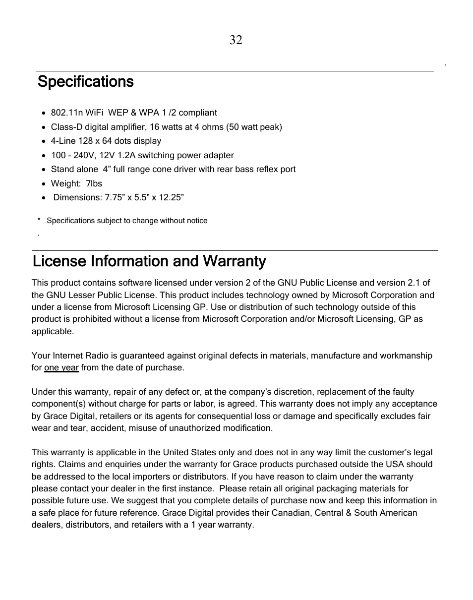 Specifications, License information and warranty | Grace Digital GDI-IRN1941 Victoria User Manual | Page 32 / 34