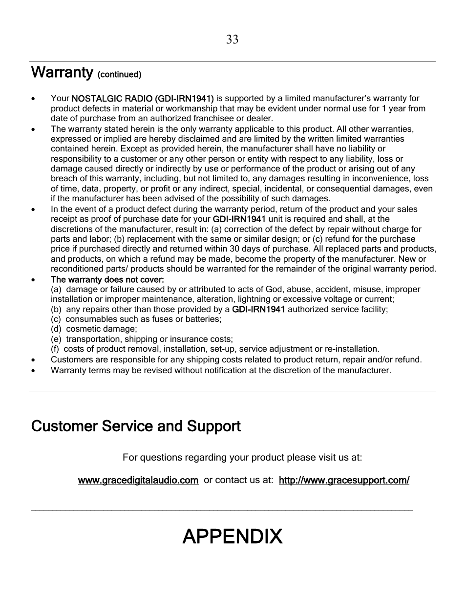 Appendix, Warranty, Customer service and support | Grace Digital GDI-IRN1941 Victoria User Manual | Page 33 / 34