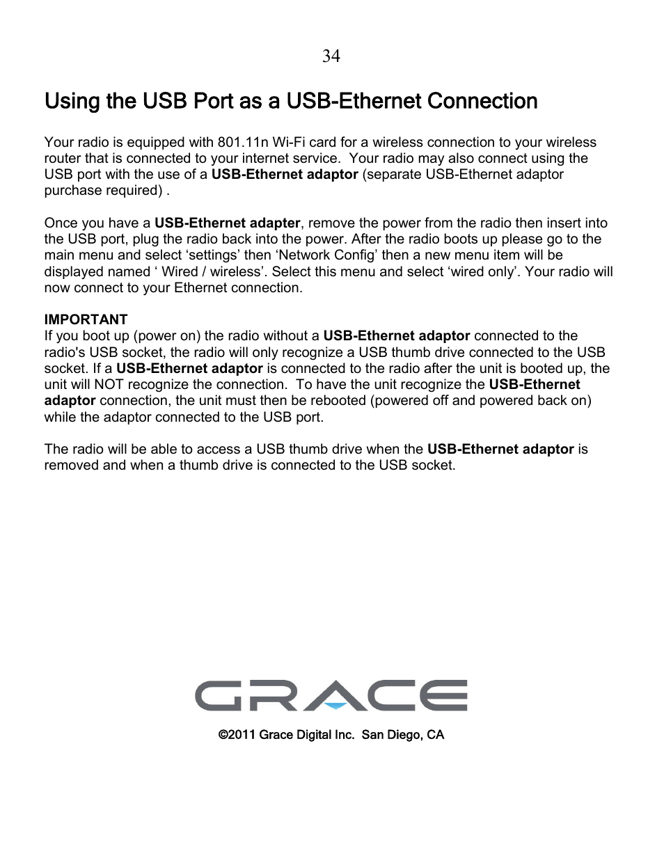 Using the usb port as a usb-ethernet connection | Grace Digital GDI-IRN1941 Victoria User Manual | Page 34 / 34