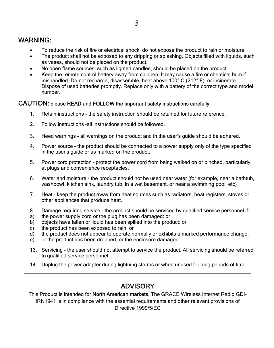 Warning, Caution, Advisory | Grace Digital GDI-IRN1941 Victoria User Manual | Page 5 / 34