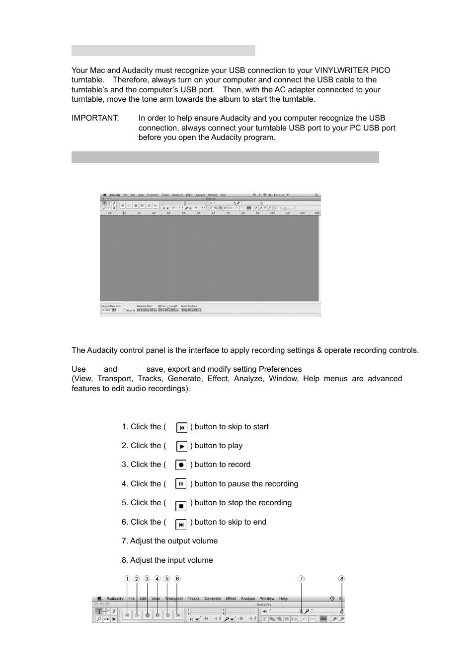Audacity software & usb connection, Audacity control panel (recording window) for mac, Audacity control buttons & settings | Grace Digital GDI-VW00 Vinyl Writer User Manual | Page 23 / 31