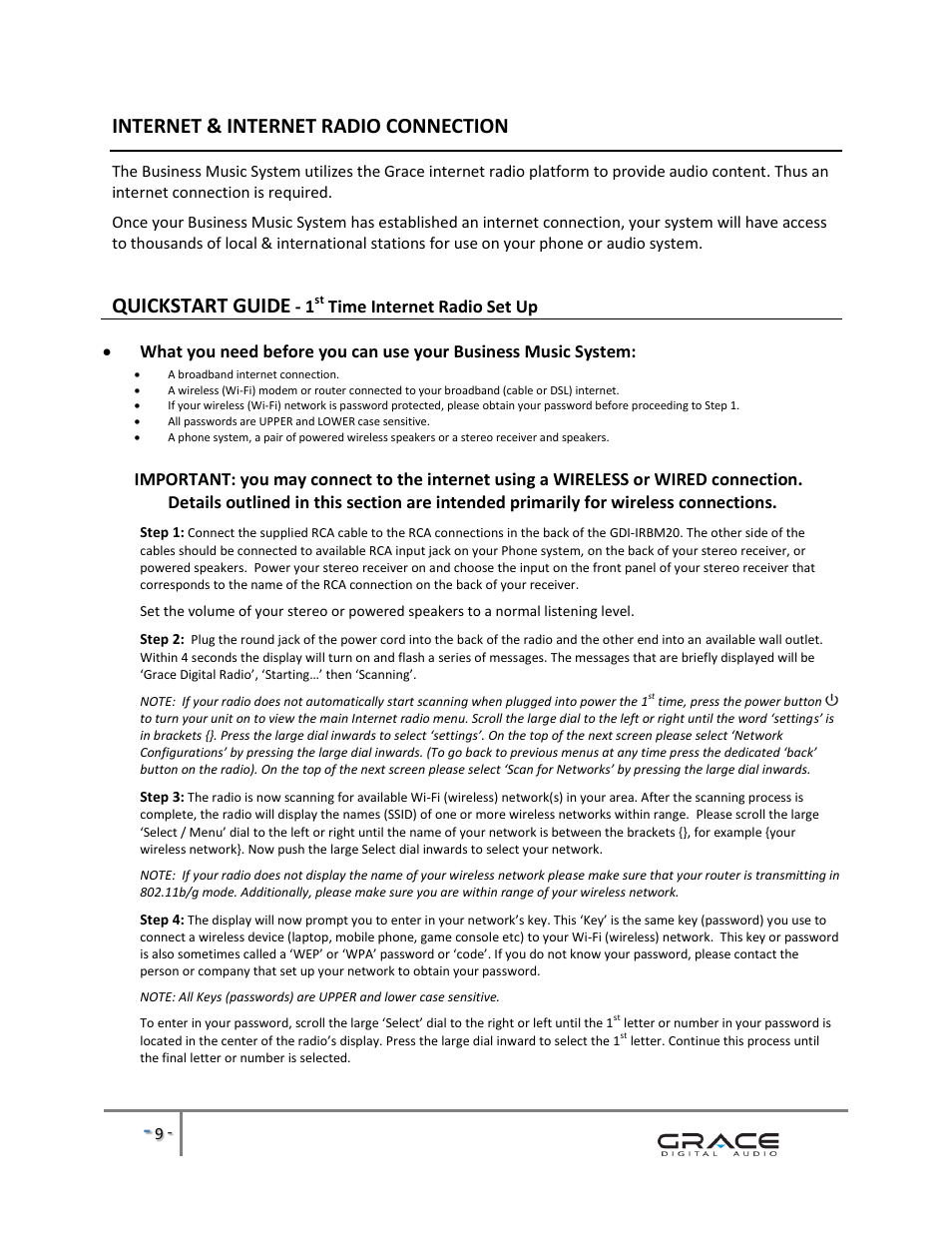 Internet & internet radio connection, Quickstart guide, Time internet radio set up | Grace Digital GDI-IRBM20 Business Music System User Manual | Page 10 / 40