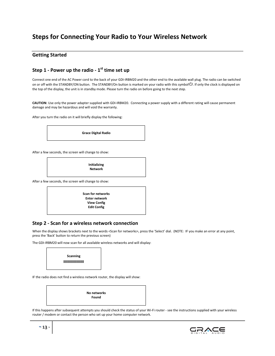 Getting started step 1 - power up the radio - 1, Time set up, Step 2 - scan for a wireless network connection | Grace Digital GDI-IRBM20 Business Music System User Manual | Page 14 / 40