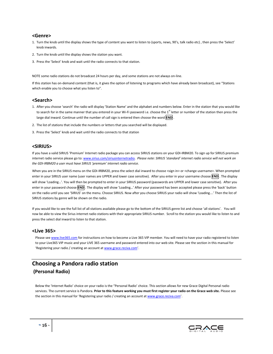 Choosing a pandora radio station, Genre, Search | Sirius, Live 365, Personal radio) | Grace Digital GDI-IRBM20 Business Music System User Manual | Page 17 / 40