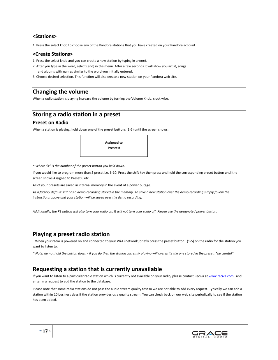 Changing the volume, Storing a radio station in a preset, Playing a preset radio station | Requesting a station that is currently unavailable, Stations, Create stations, Preset on radio | Grace Digital GDI-IRBM20 Business Music System User Manual | Page 18 / 40