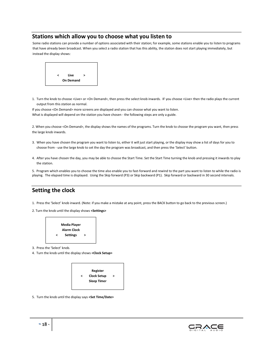 Setting the clock | Grace Digital GDI-IRBM20 Business Music System User Manual | Page 19 / 40