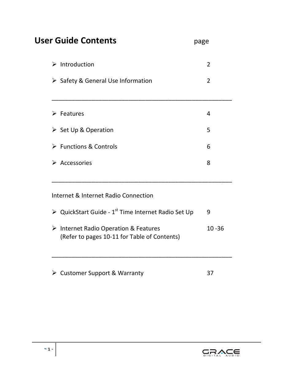 User guide contents | Grace Digital GDI-IRBM20 Business Music System User Manual | Page 2 / 40