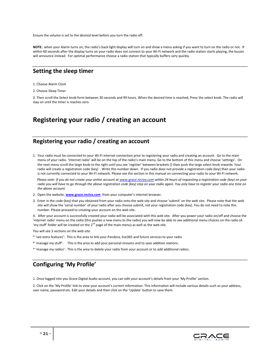 Registering your radio / creating an account, Setting the sleep timer, Configuring ‘my profile | Grace Digital GDI-IRBM20 Business Music System User Manual | Page 22 / 40