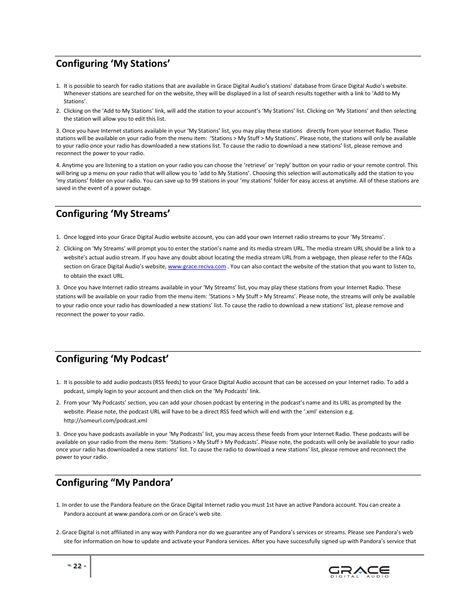 Configuring ‘my stations, Configuring ‘my streams, Configuring ‘my podcast | Configuring “my pandora | Grace Digital GDI-IRBM20 Business Music System User Manual | Page 23 / 40