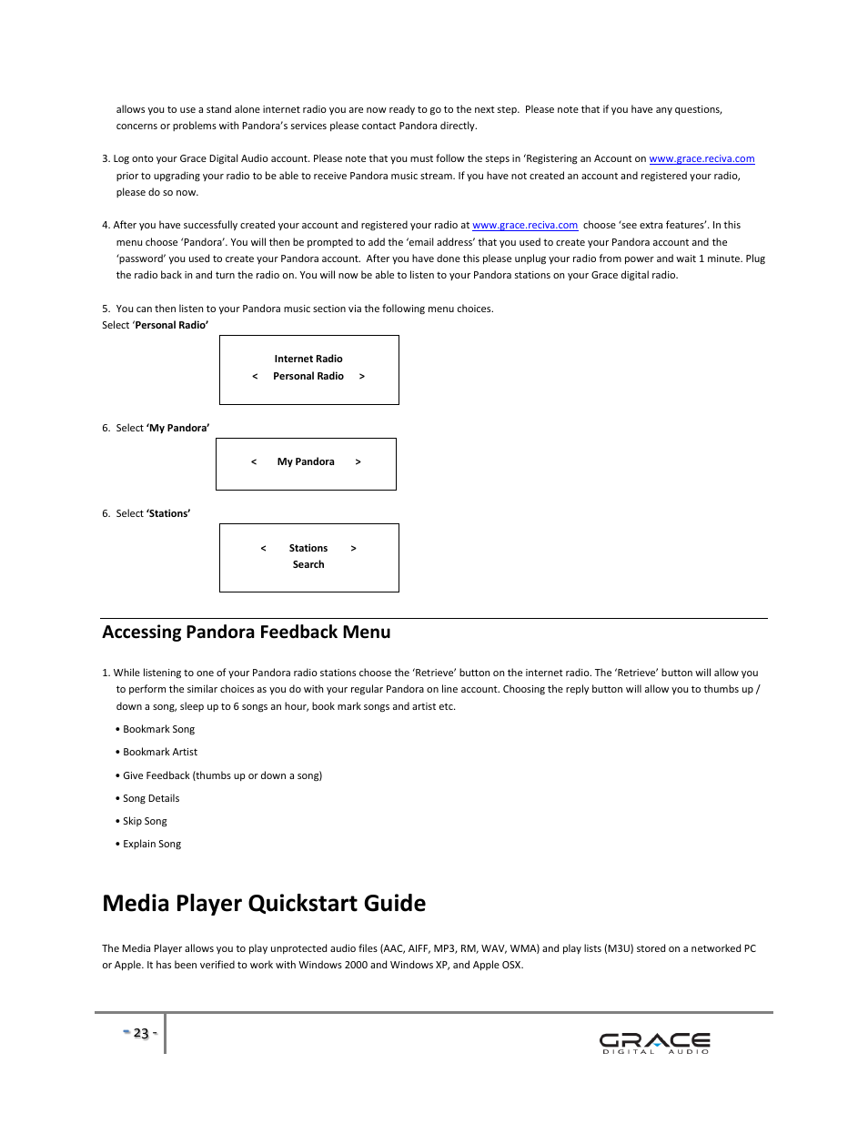 Media player quickstart guide, Accessing pandora feedback menu | Grace Digital GDI-IRBM20 Business Music System User Manual | Page 24 / 40