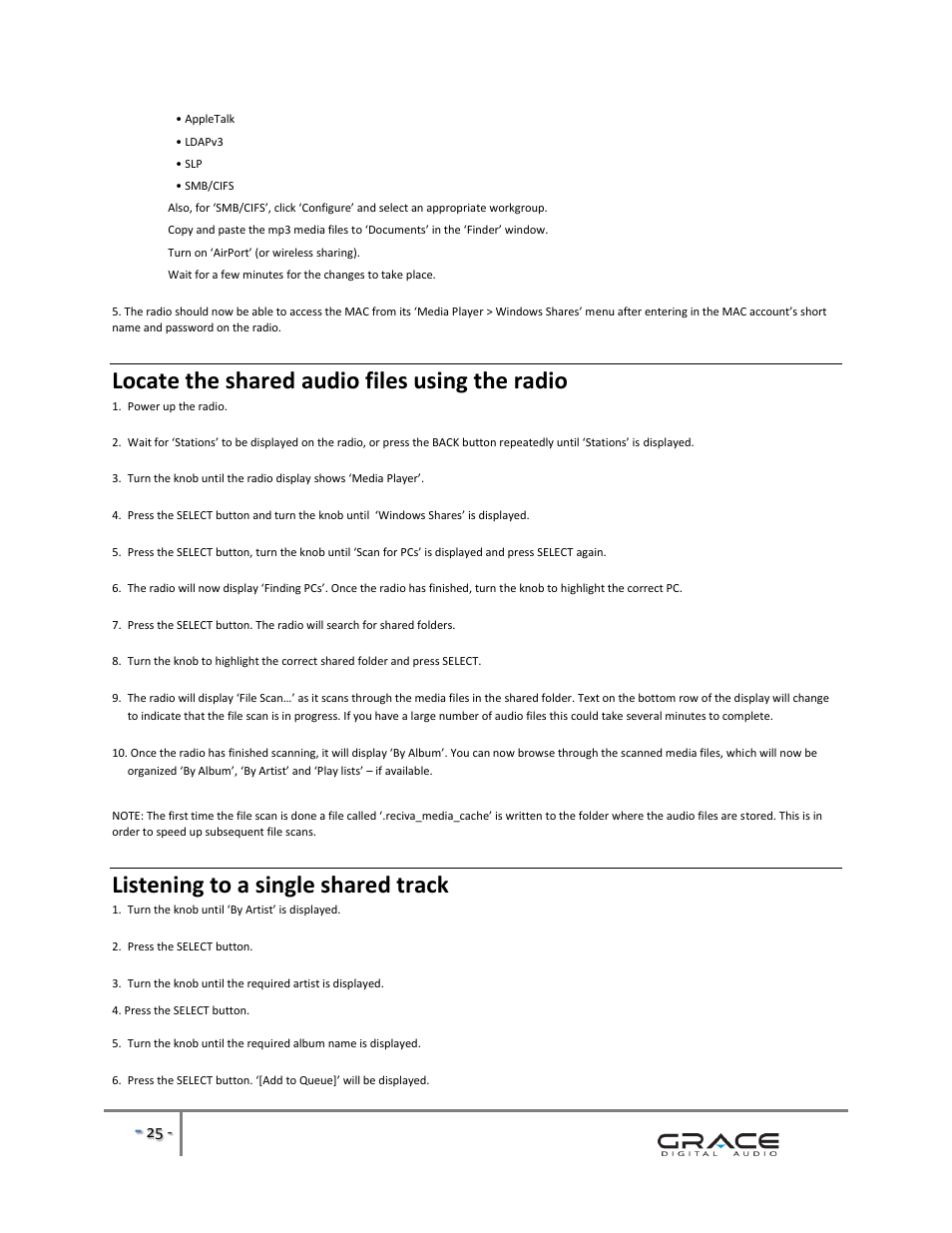 Locate the shared audio files using the radio, Listening to a single shared track | Grace Digital GDI-IRBM20 Business Music System User Manual | Page 26 / 40