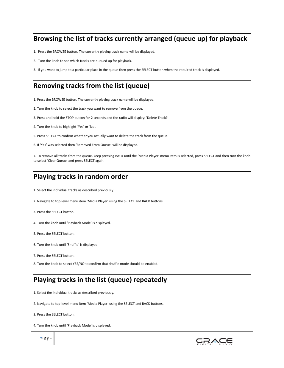 Removing tracks from the list (queue), Playing tracks in random order, Playing tracks in the list (queue) repeatedly | Grace Digital GDI-IRBM20 Business Music System User Manual | Page 28 / 40