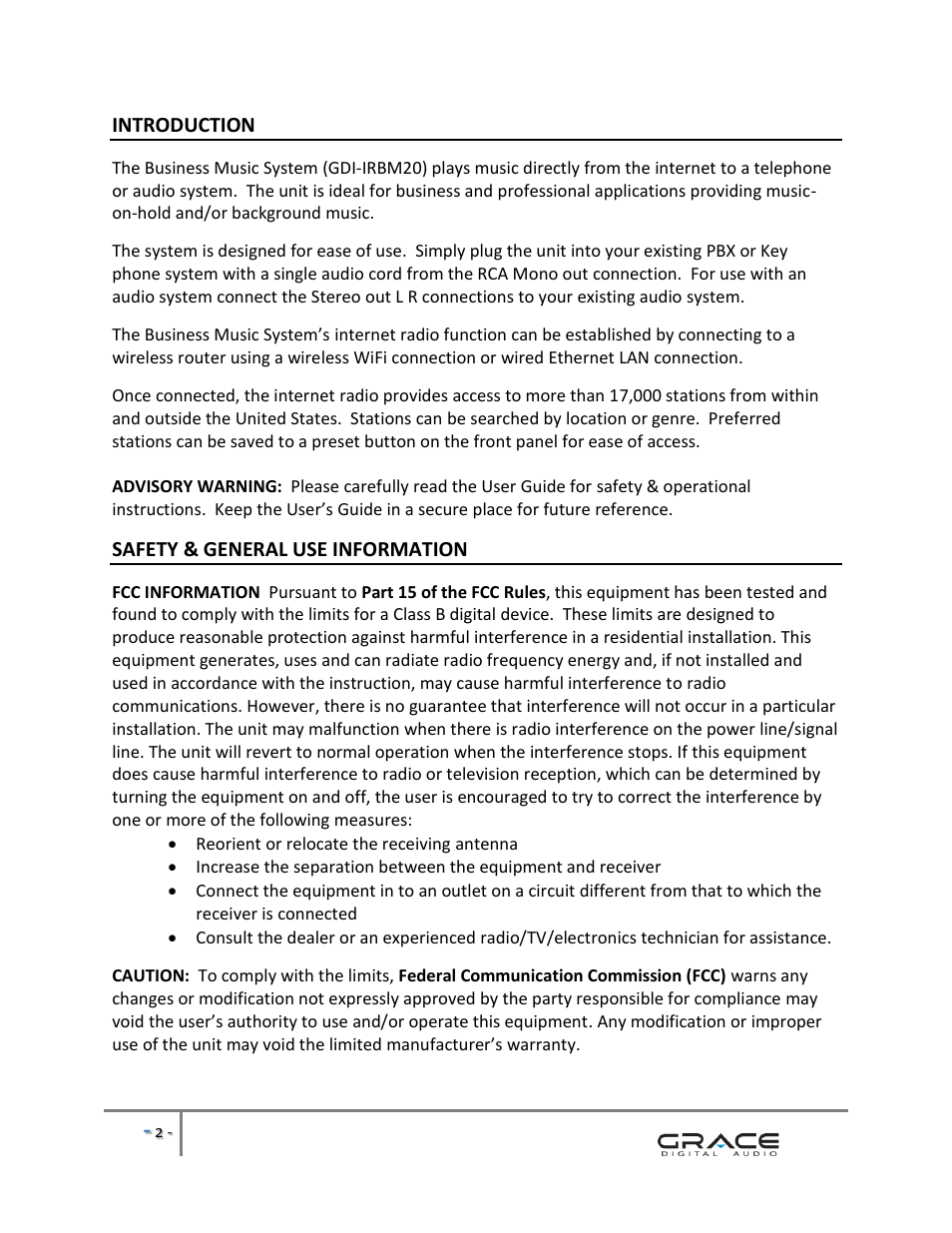 Introduction, Safety & general use information | Grace Digital GDI-IRBM20 Business Music System User Manual | Page 3 / 40