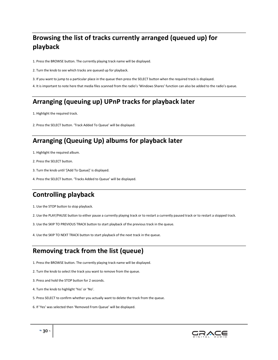 Arranging (queuing up) albums for playback later, Controlling playback, Removing track from the list (queue) | Grace Digital GDI-IRBM20 Business Music System User Manual | Page 31 / 40