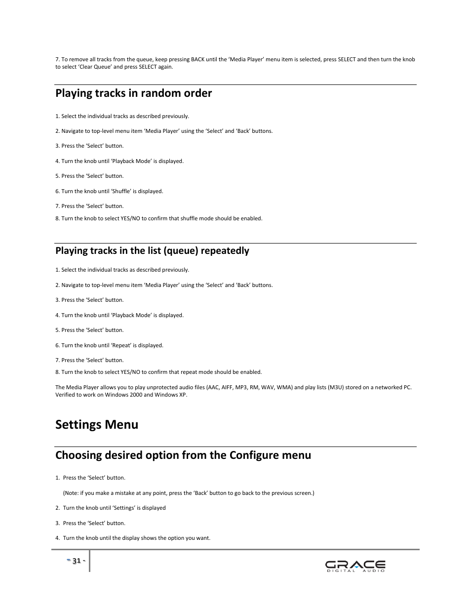 Settings menu, Playing tracks in random order, Choosing desired option from the configure menu | Playing tracks in the list (queue) repeatedly | Grace Digital GDI-IRBM20 Business Music System User Manual | Page 32 / 40