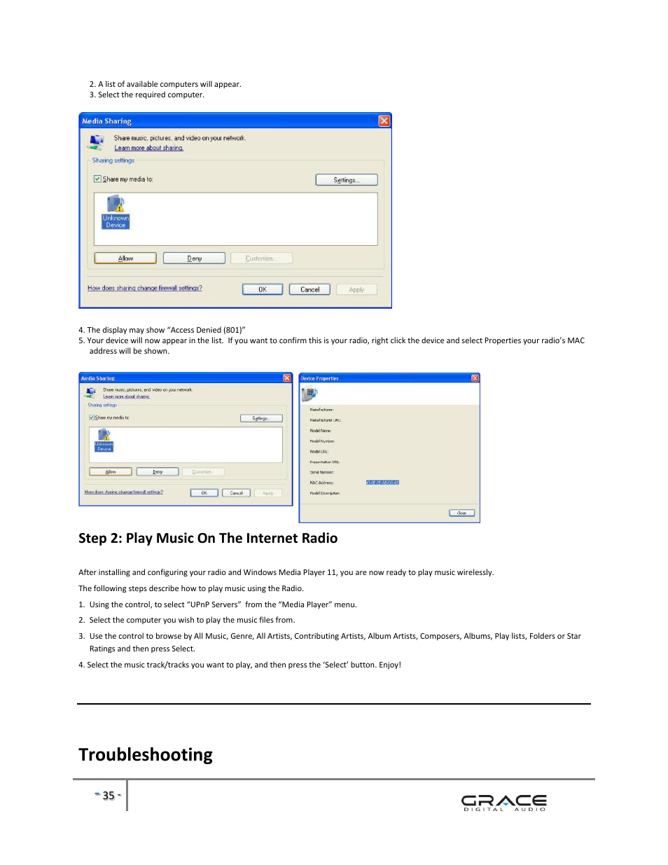 Troubleshooting, Step 2: play music on the internet radio | Grace Digital GDI-IRBM20 Business Music System User Manual | Page 36 / 40