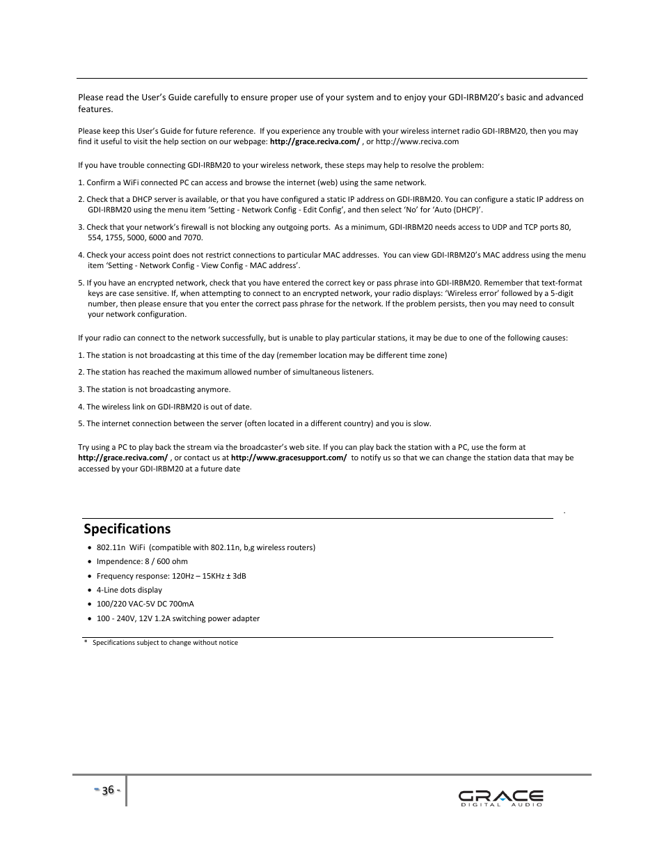 Specifications | Grace Digital GDI-IRBM20 Business Music System User Manual | Page 37 / 40