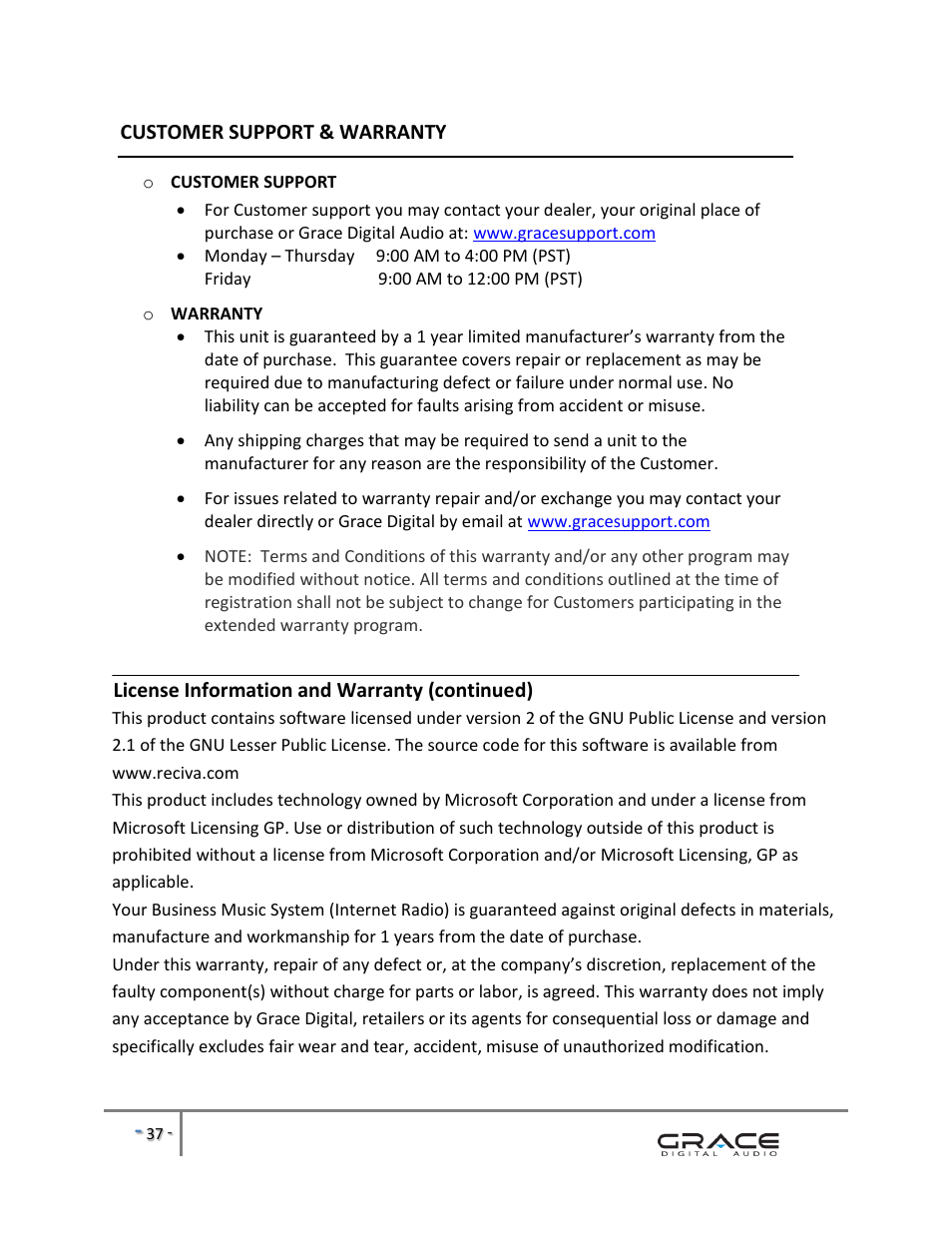 Customer support & warranty, License information and warranty (continued) | Grace Digital GDI-IRBM20 Business Music System User Manual | Page 38 / 40