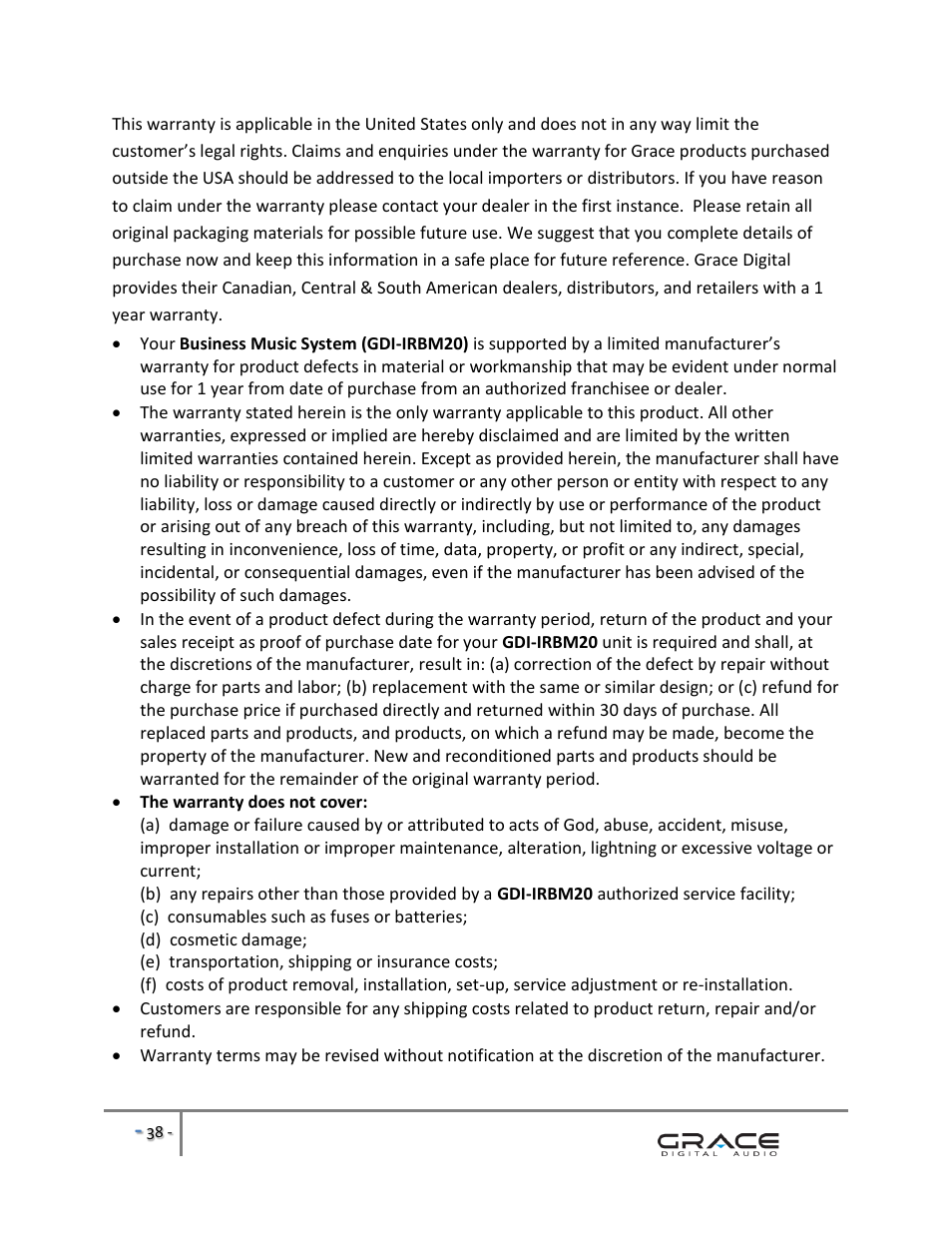 Grace Digital GDI-IRBM20 Business Music System User Manual | Page 39 / 40