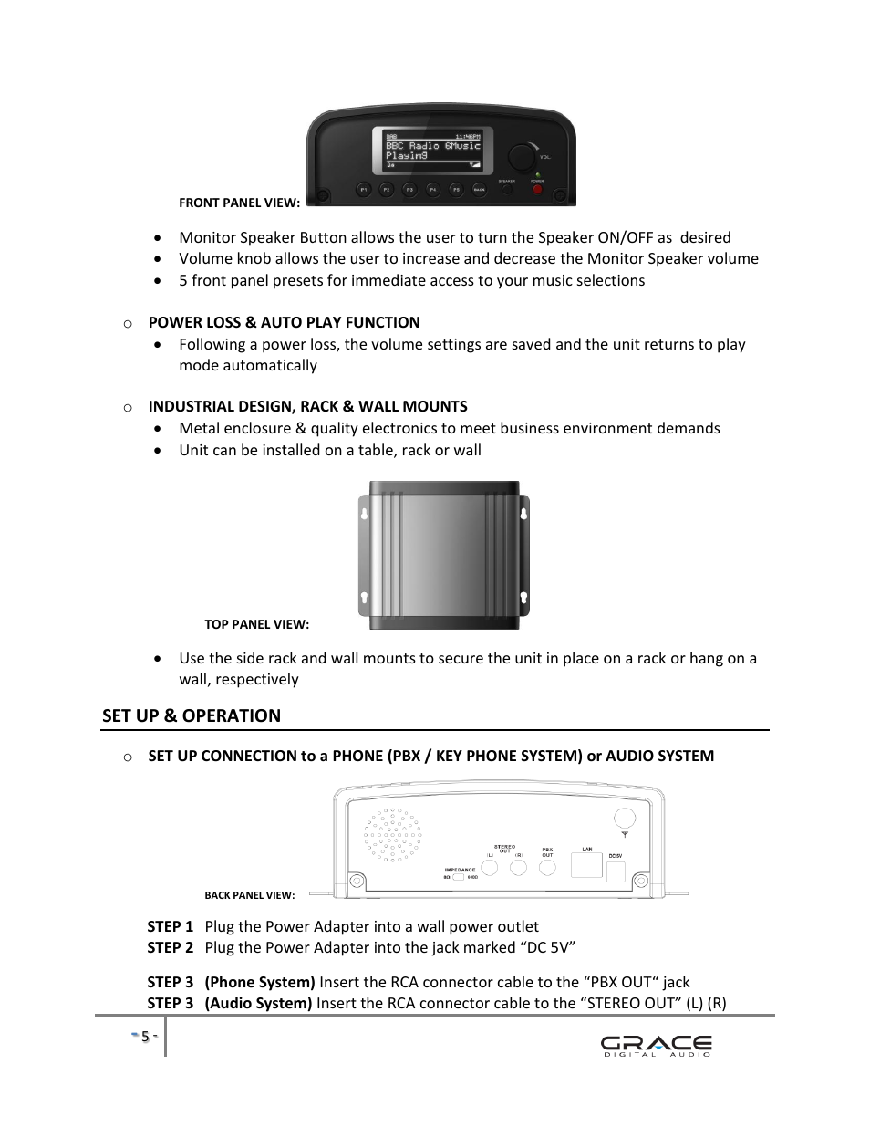 Set up & operation | Grace Digital GDI-IRBM20 Business Music System User Manual | Page 6 / 40