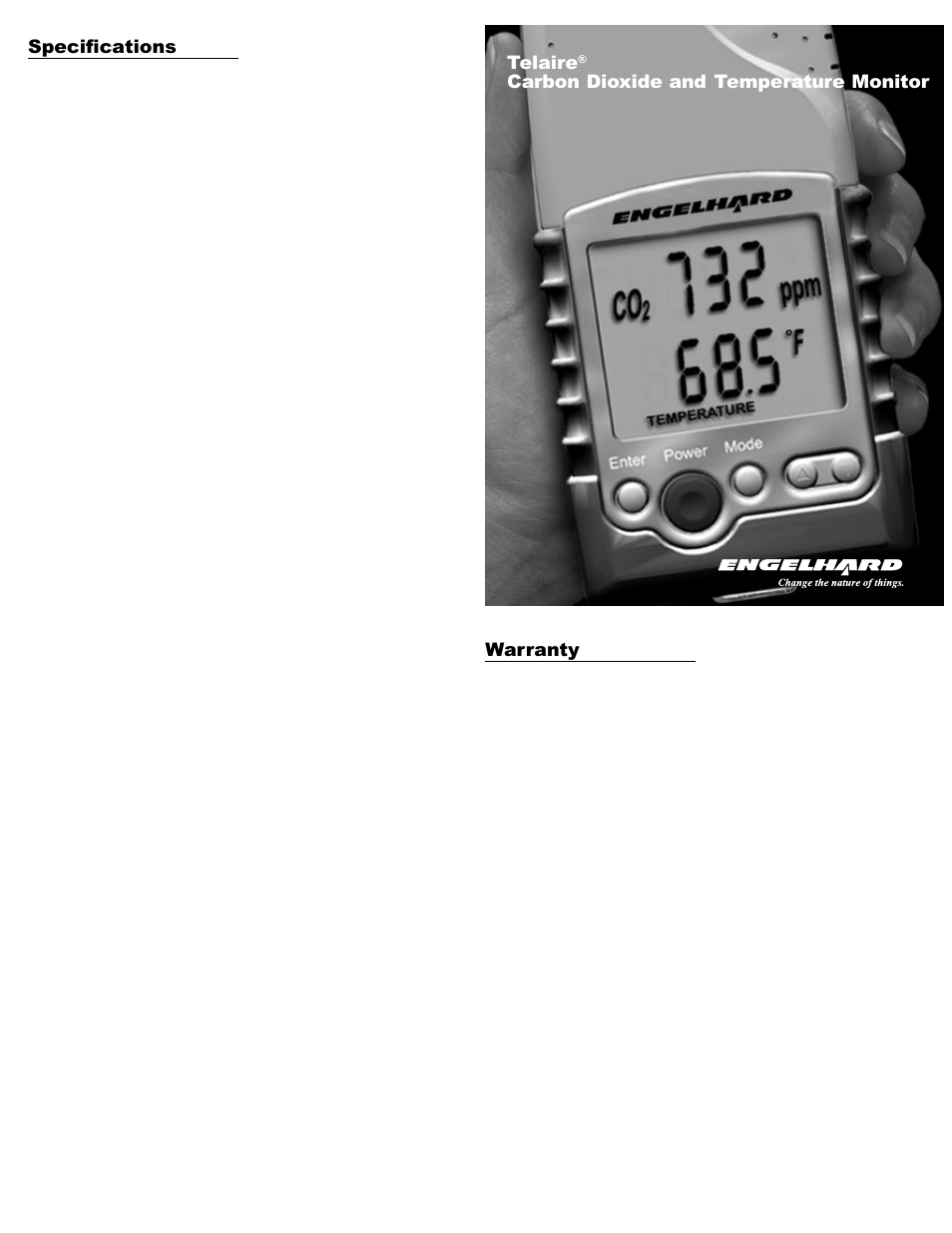 Warranty, Specifications, Temperature channel | Power supply, Telaire, 7001 carbon dioxide and temperature monitor, Performance | Green Air Products Telaire 7001 User Manual | Page 2 / 2