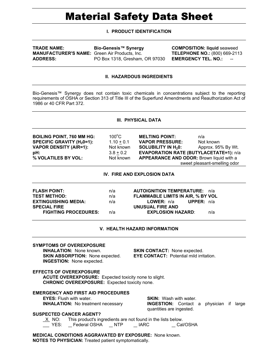 Green Air Products Bio-Genesis Synergy MSDS User Manual | 2 pages