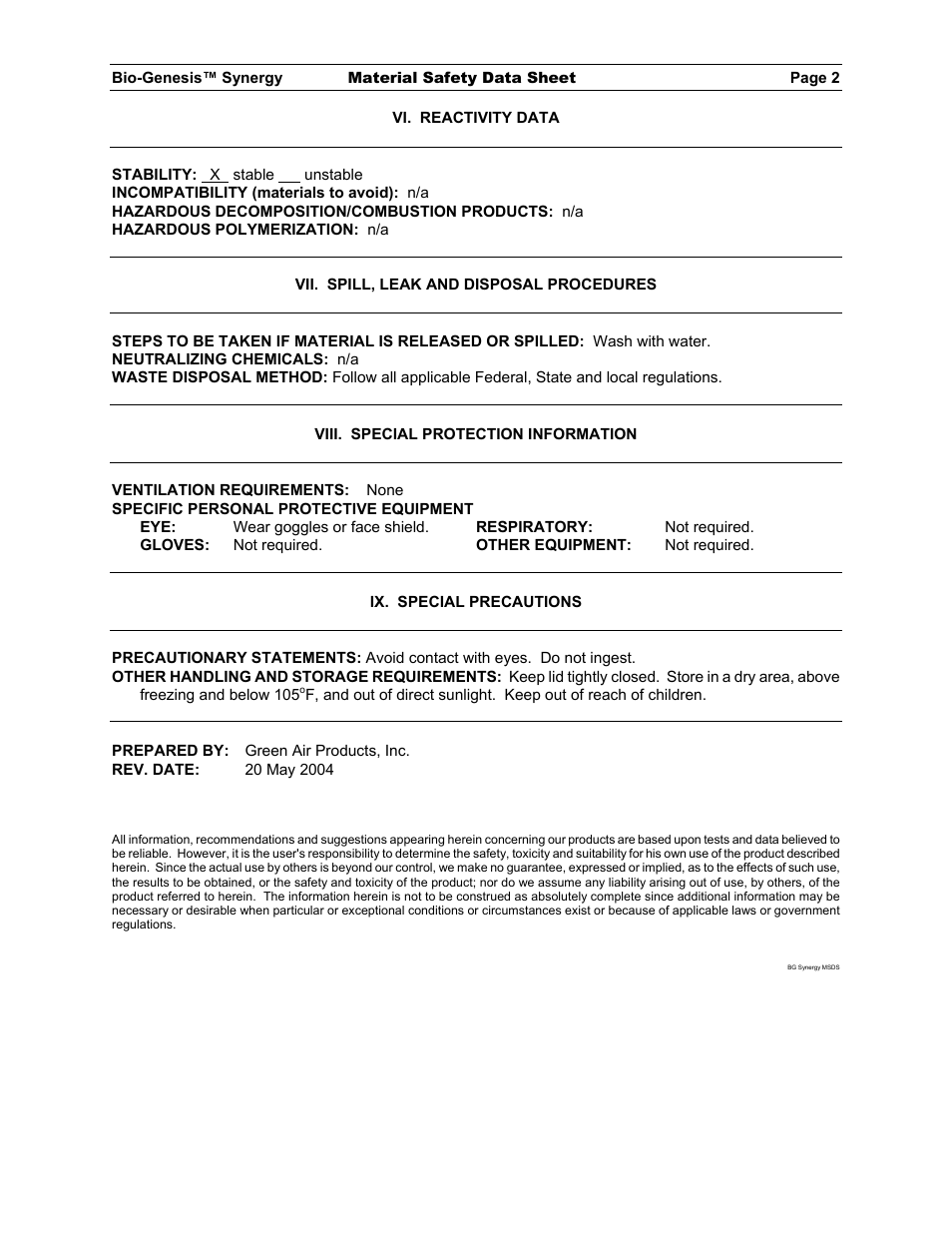 Green Air Products Bio-Genesis Synergy MSDS User Manual | Page 2 / 2