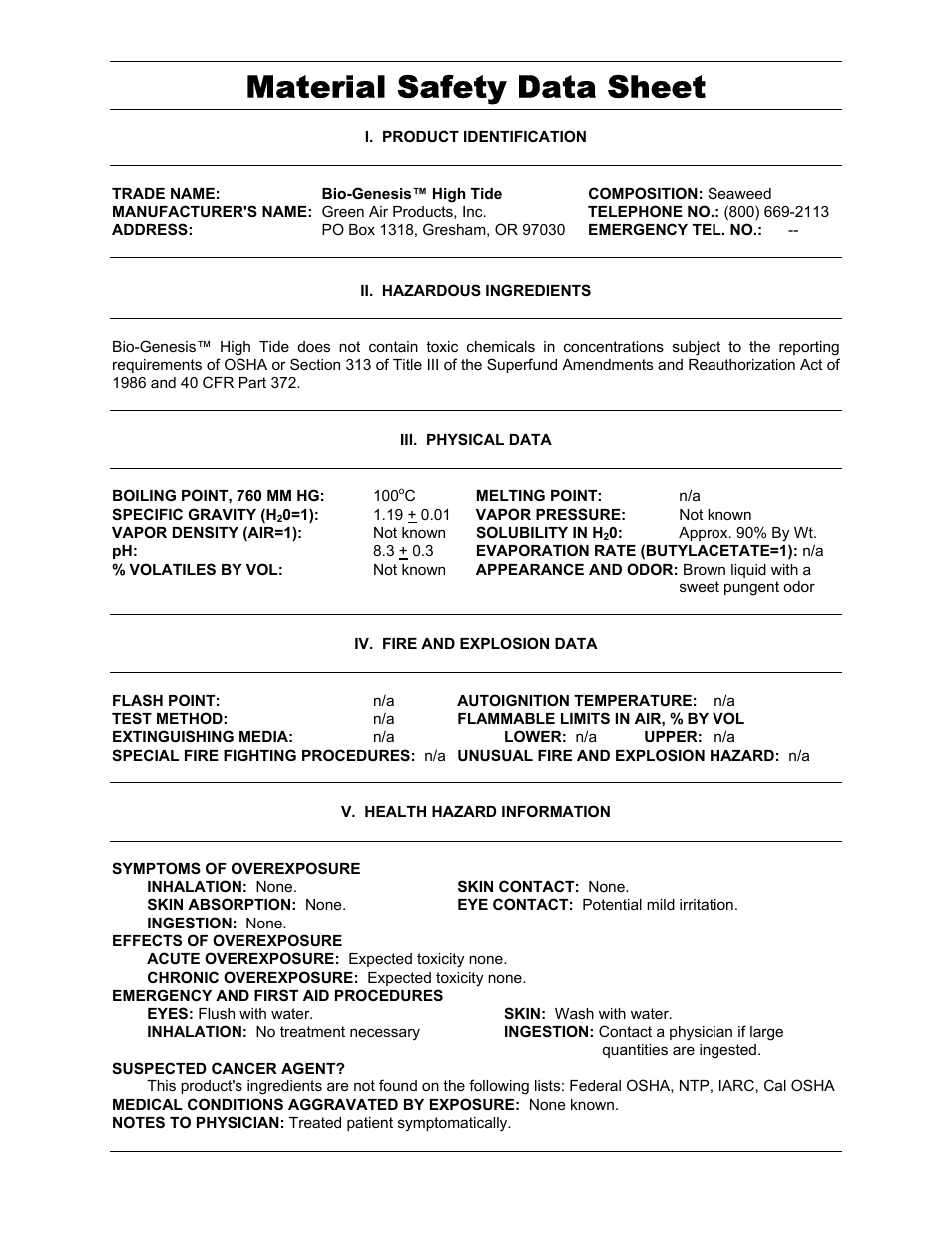Green Air Products Bio-Genesis HighTide Seaweed MSDS User Manual | 2 pages