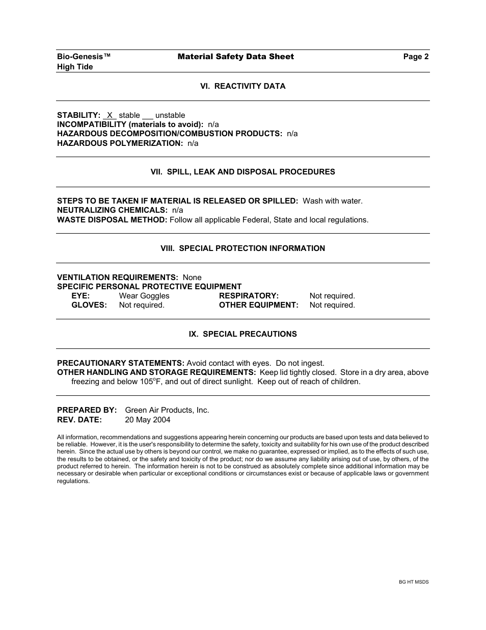 Green Air Products Bio-Genesis HighTide Seaweed MSDS User Manual | Page 2 / 2