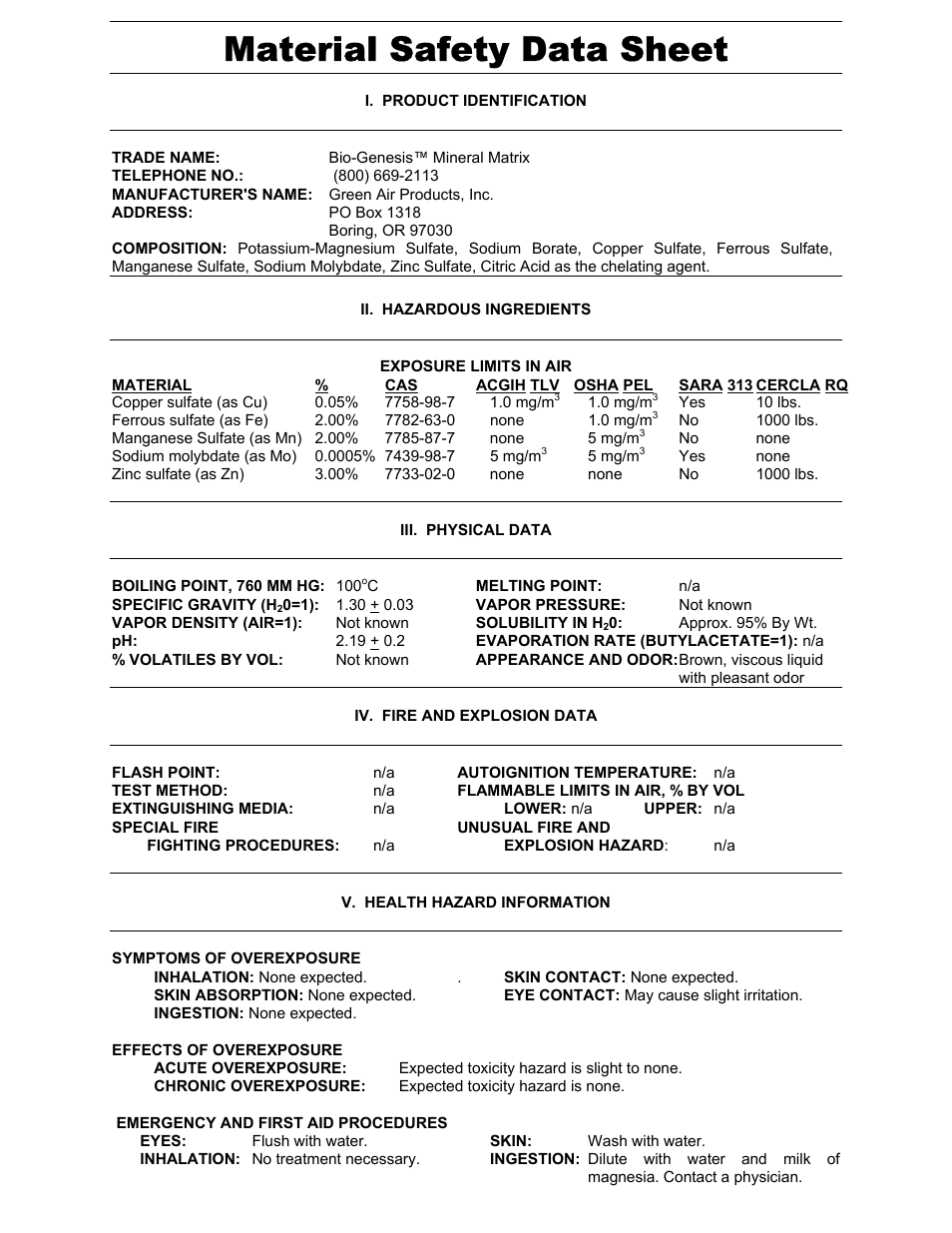 Green Air Products Bio-Genesis Mineral Matrix MSDS User Manual | 2 pages