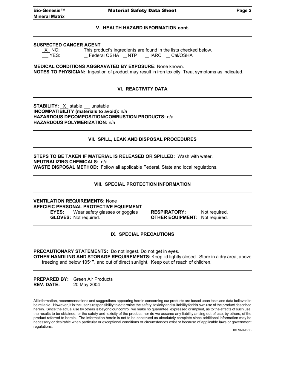 Green Air Products Bio-Genesis Mineral Matrix MSDS User Manual | Page 2 / 2