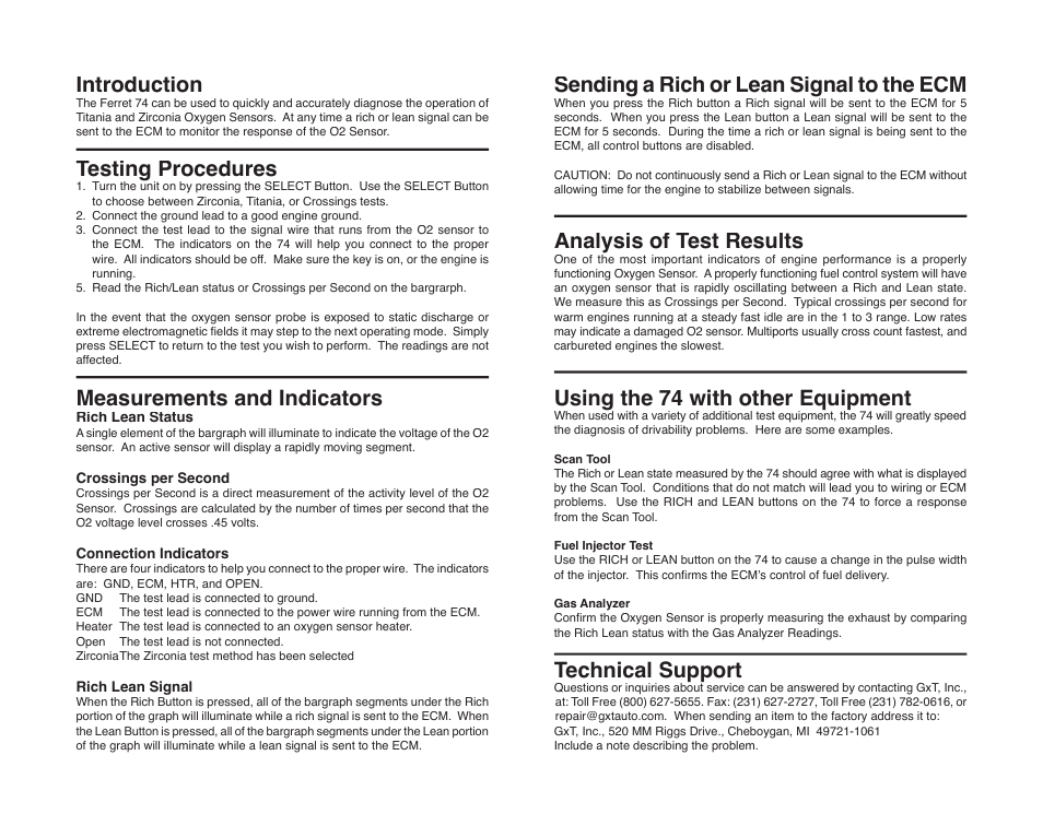 Introduction, Testing procedures, Measurements and indicators | Sending a rich or lean signal to the ecm, Analysis of test results, Using the 74 with other equipment, Technical support | GxT Ferret 74 02 Sensor Probe User Manual | Page 2 / 2