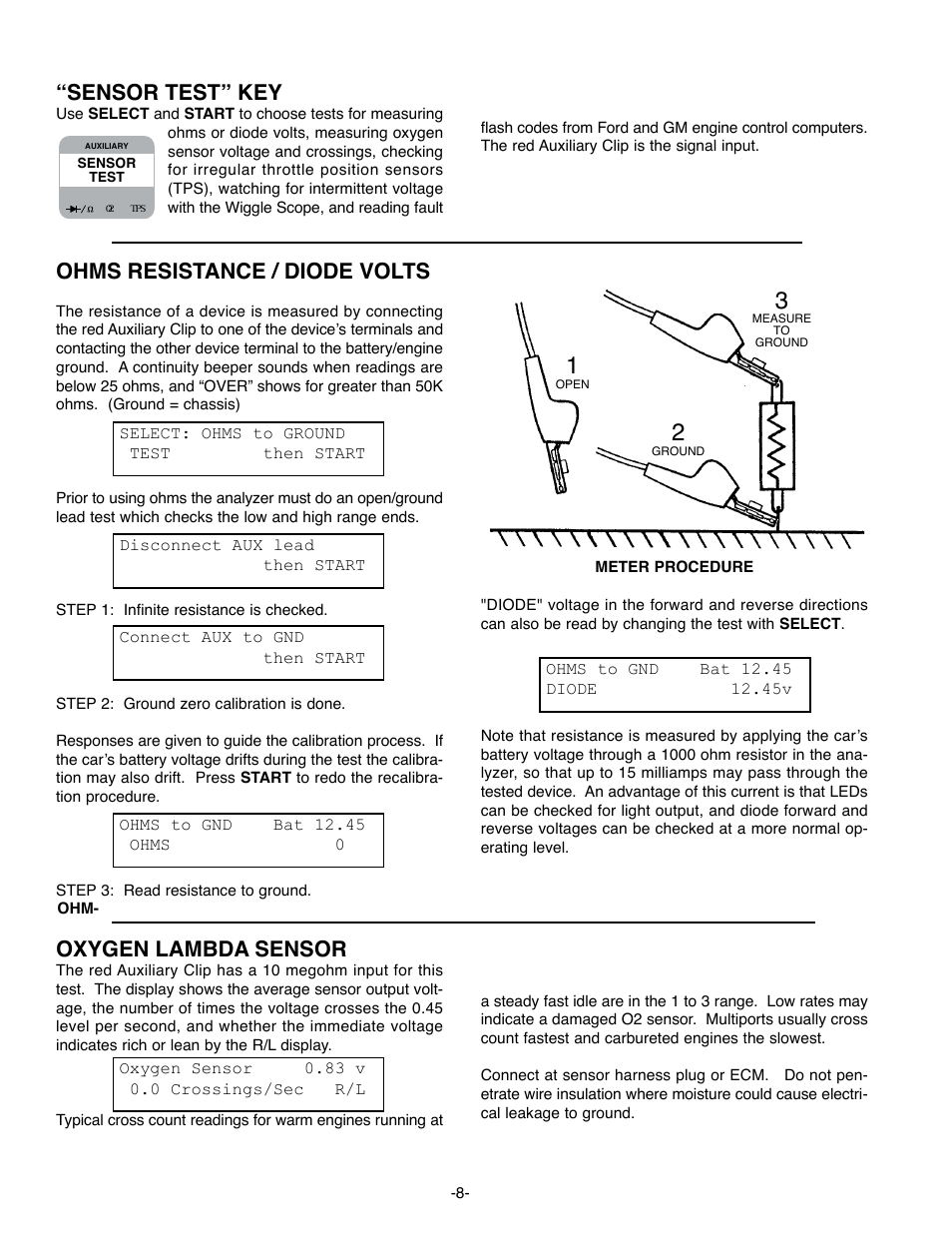 Sensor test” key, Ohms resistance / diode volts, Oxygen lambda sensor | Start | GxT Ferret 63 DIAGNOSTIC ENGINE ANALYZER User Manual | Page 10 / 36