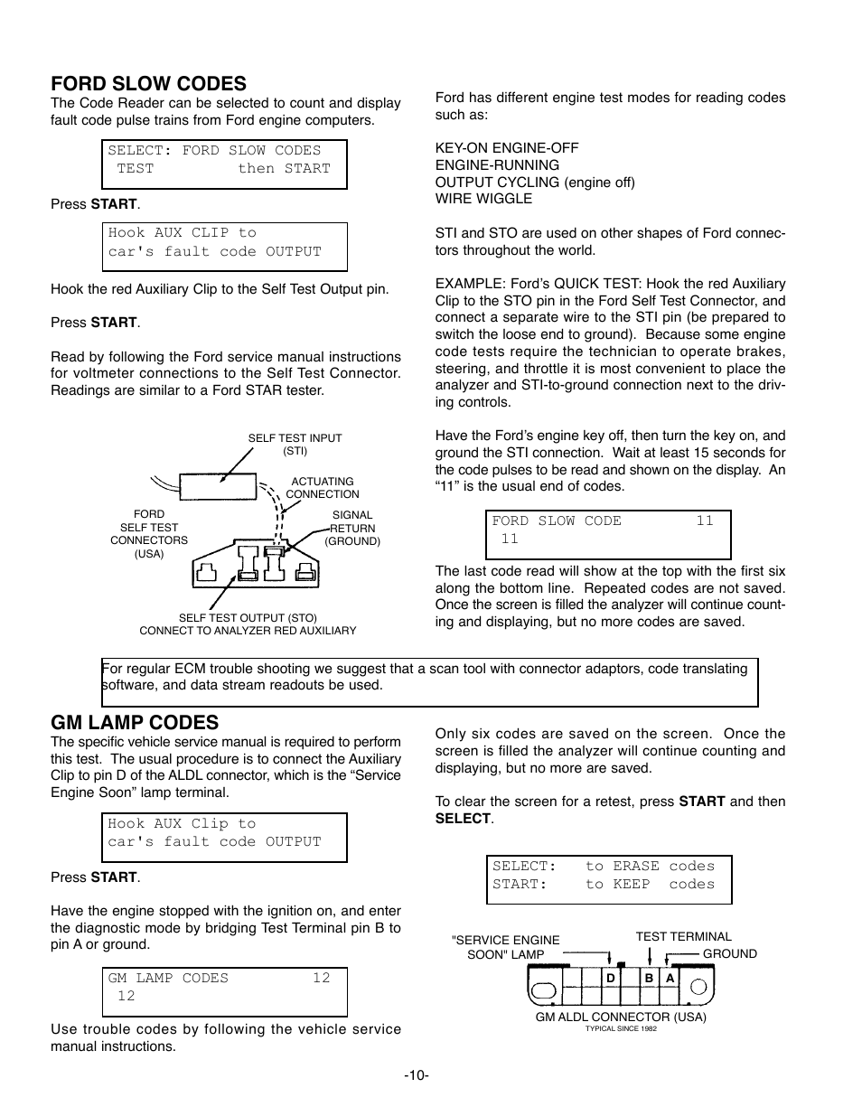 Ford slow codes, Gm lamp codes | GxT Ferret 63 DIAGNOSTIC ENGINE ANALYZER User Manual | Page 12 / 36