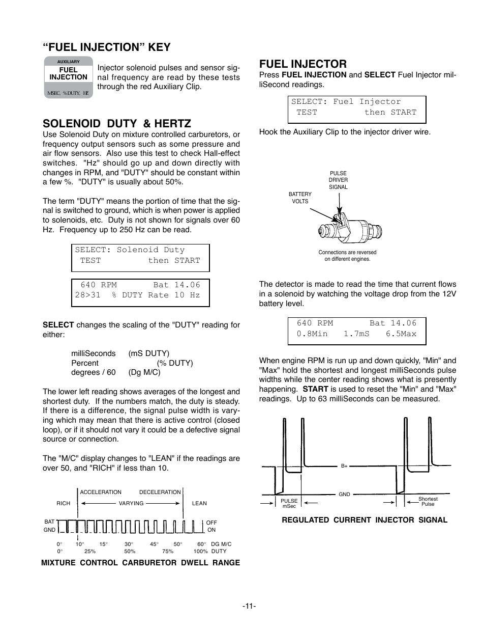 Fuel injection” key, Solenoid duty & hertz, Fuel injector | Start, Select: fuel injector test then start | GxT Ferret 63 DIAGNOSTIC ENGINE ANALYZER User Manual | Page 13 / 36