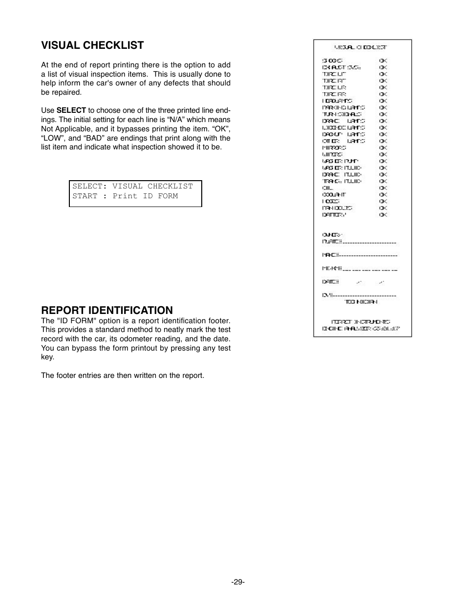 Visual checklist, Report identification | GxT Ferret 63 DIAGNOSTIC ENGINE ANALYZER User Manual | Page 31 / 36