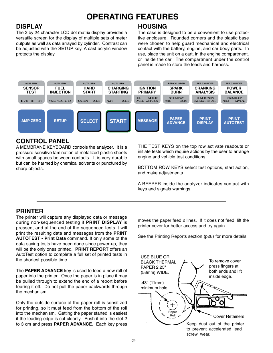 Operating features, Display, Housing | Control panel, Printer, Start | GxT Ferret 63 DIAGNOSTIC ENGINE ANALYZER User Manual | Page 4 / 36