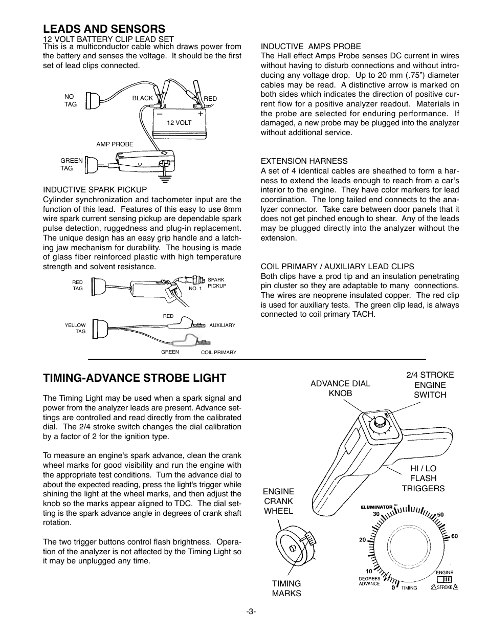 Timing-advance strobe light, Leads and sensors | GxT Ferret 63 DIAGNOSTIC ENGINE ANALYZER User Manual | Page 5 / 36