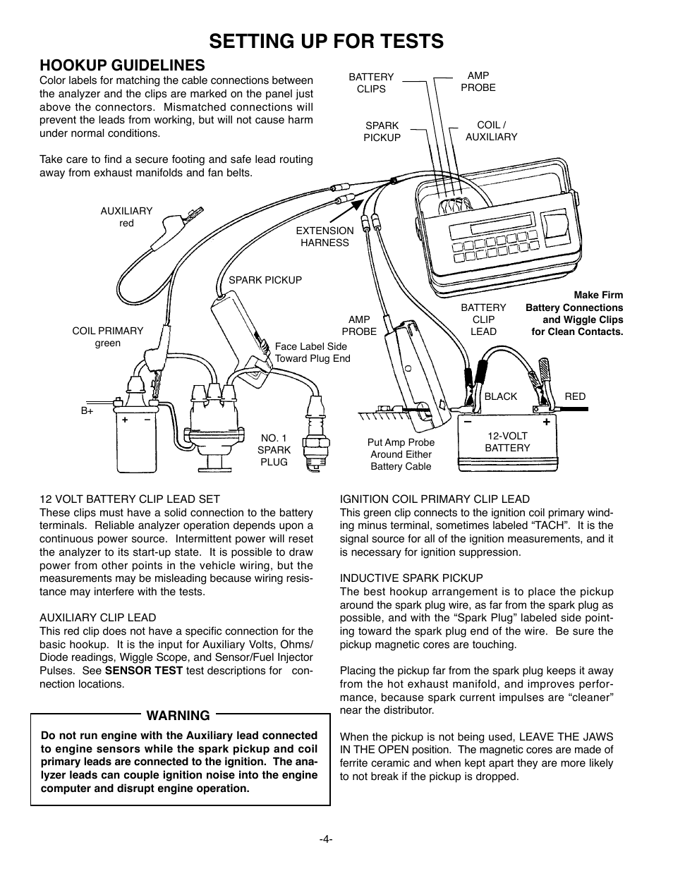 Setting up for tests, Hookup guidelines | GxT Ferret 63 DIAGNOSTIC ENGINE ANALYZER User Manual | Page 6 / 36