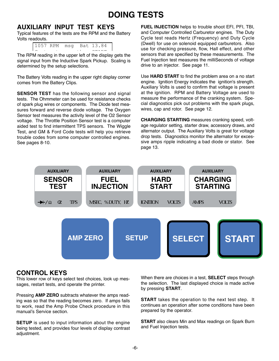 Start, Doing tests, Select | Sensor test, Setup amp zero, Ignition primary, Cranking analysis, Power balance, Spark burn, Hard start | GxT Ferret 63 DIAGNOSTIC ENGINE ANALYZER User Manual | Page 8 / 36