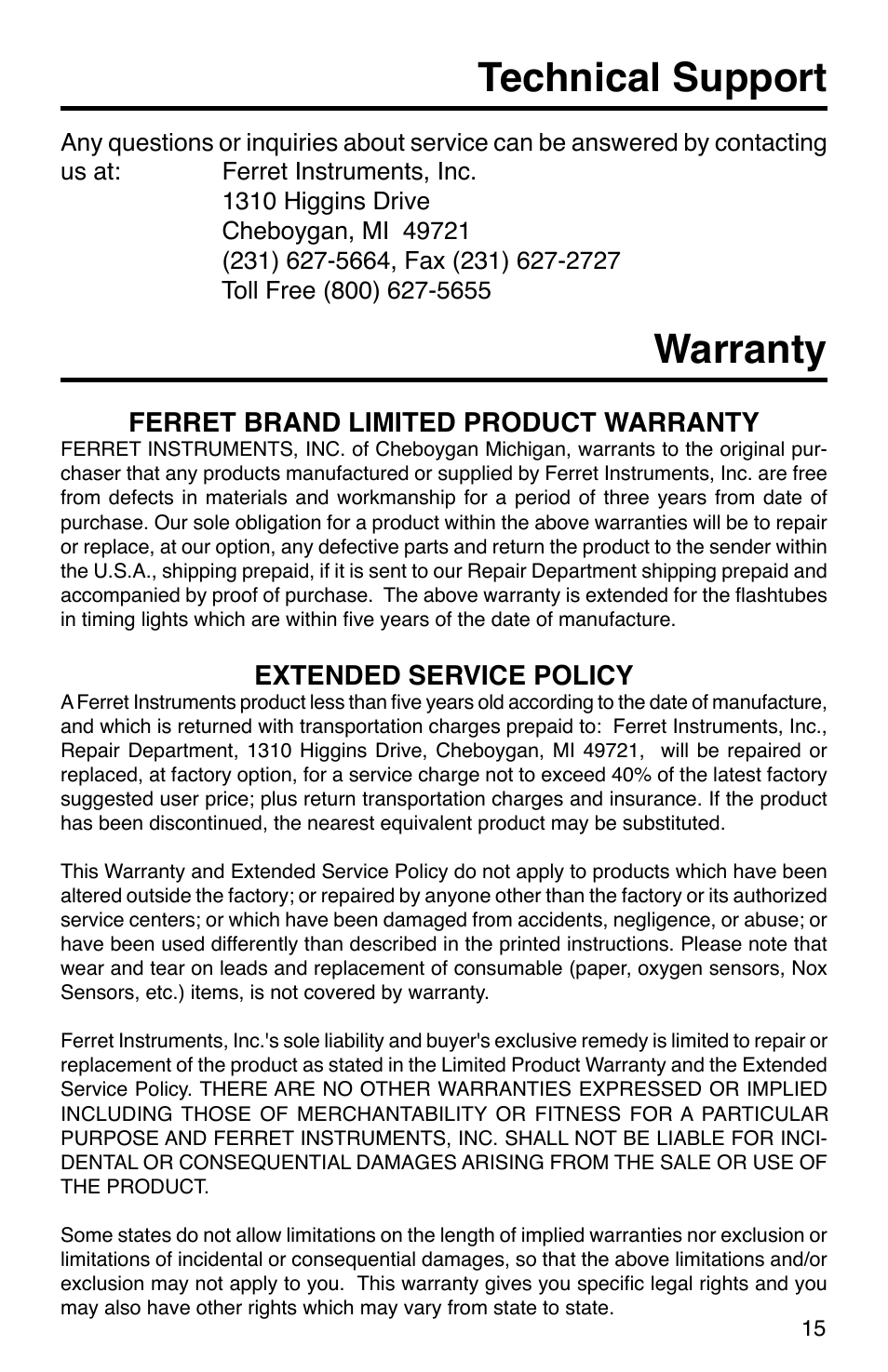 Technical support, Warranty, Ferret brand limited product warranty | Extended service policy | GxT Ferret 31 Scan Tool User Manual | Page 15 / 16