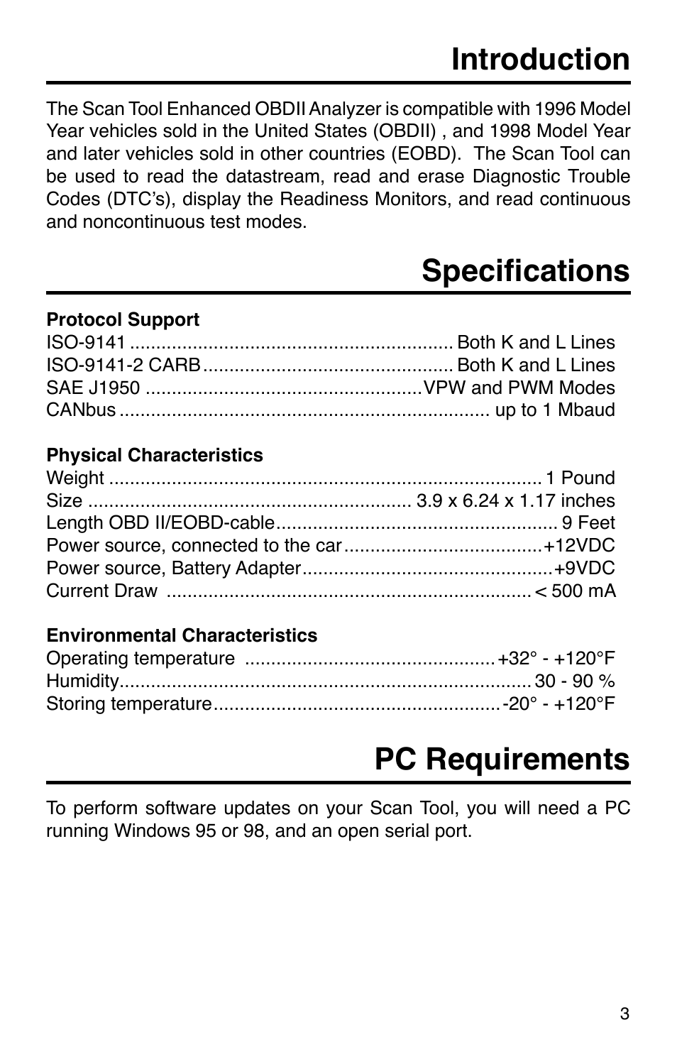 Introduction, Specifications, Pc requirements | GxT Ferret 31 Scan Tool User Manual | Page 3 / 16