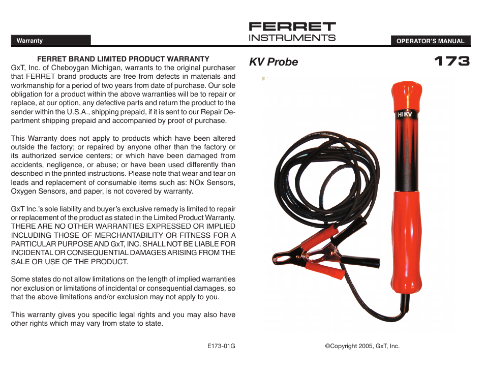 Kv probe | GxT Ferret 173 KV Probe User Manual | Page 2 / 2