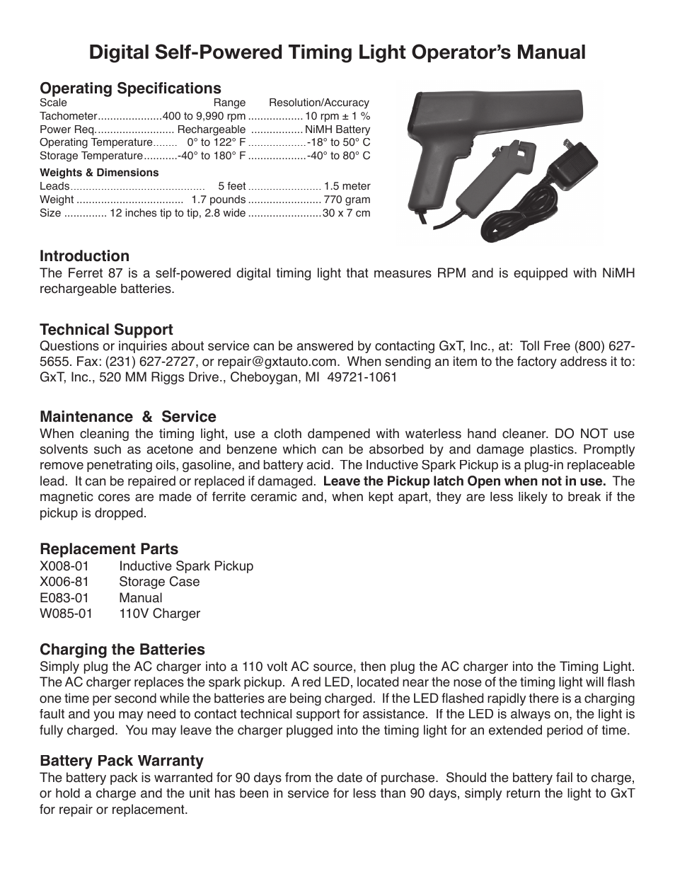 GxT V087-01, Ferret 87 Self-Powered Timing Light with RPM User Manual | 2 pages