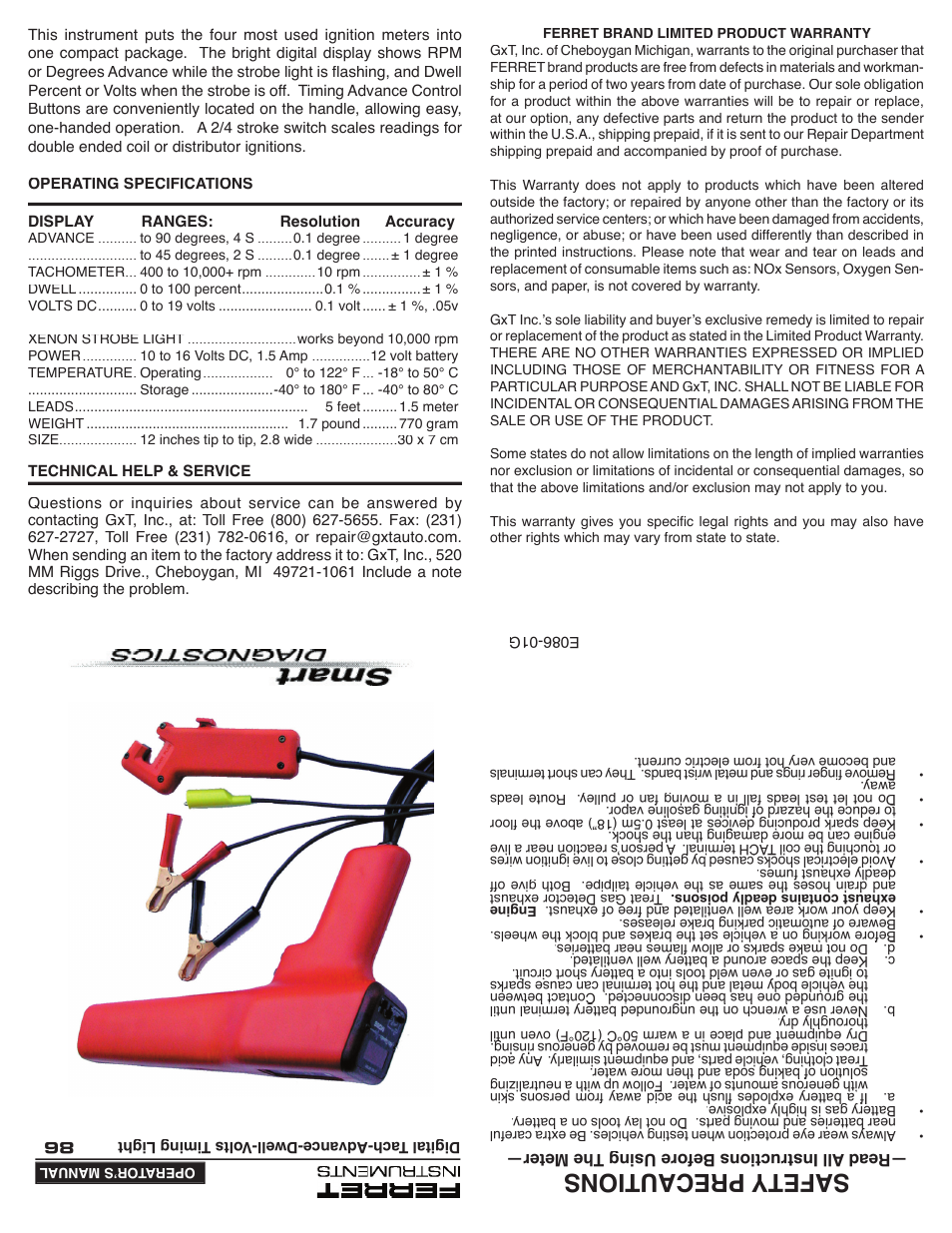 GxT V086-01, Ferret 86, Tach-Adv-Dwell-Volts Timing Light User Manual | 2 pages